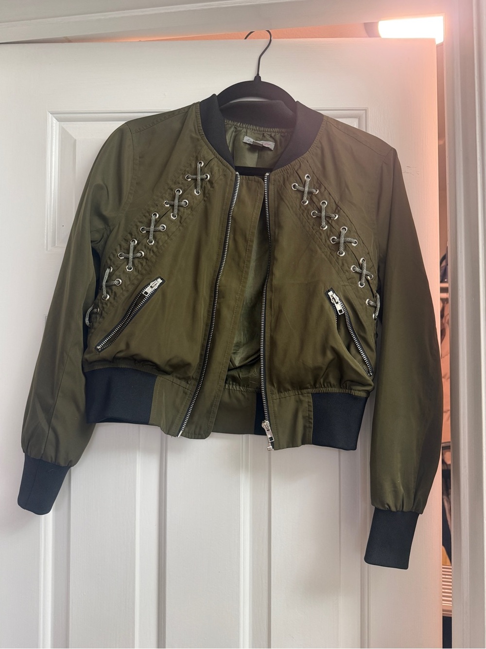Olive Lace-Up Cropped Bomber Jacket - Women's Military Green Coat